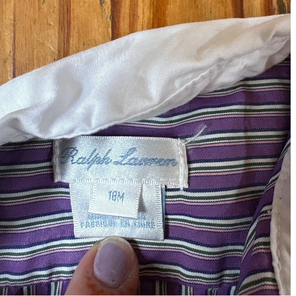 Ralph Lauren Striped Dress Toddler Purple Drop Waist Peter Pan Collar SIZE 18M